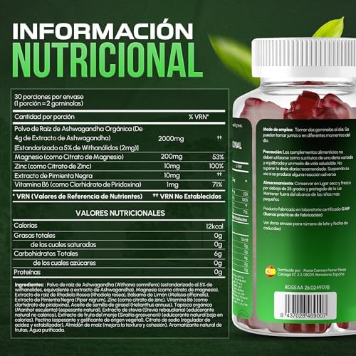 Ashwagandha Gominolas 2000mg Sin Azúcar 100% Natural, Vegana – Alta Potencia, Concentrada, con Citrato de Magnesio, Zinc y Vitamina B6 – Sin Gluten, Sin Lactosa – Sueño Profundo, 60 uds
