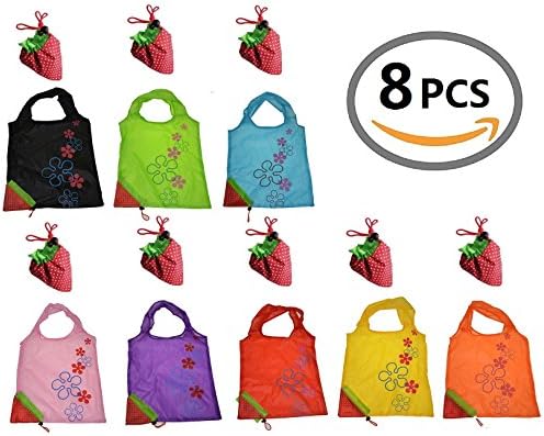 Reusable Handle Strawberry Shopping Bags,Washable,Durable and Lightweight,Ripstop Polyester Eco Foldable Grocery Bags,Pack of 8 Color