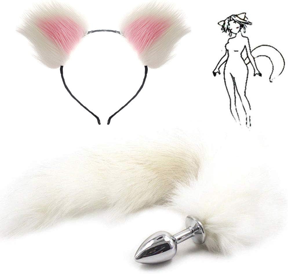 Fox Tail Plug with Plush White Pink Color Fox Tail and Ears Women Cosplay Costume Accessories Multicolor Cat Ears Headband Female Masquerade Props Cosplay Costume Props Sexs Erotic Man Size (S)