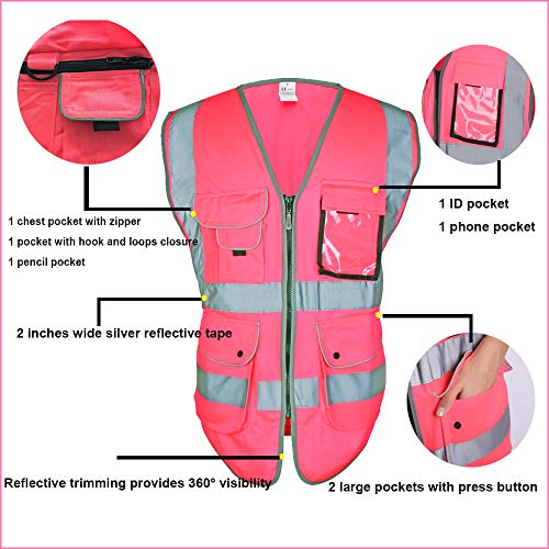 Large Pink Safety Vest For Women Hi Vis Vest With Reflective Stripes