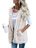 Womens Sleeveless Fuzzy Cardigan Hoodie Sherpa Fleece Open Front Vest With Pockets