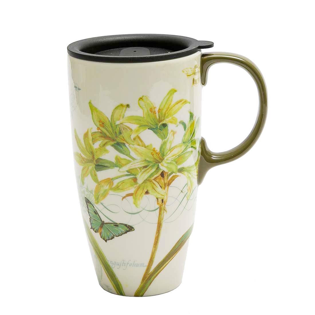 Cypress Home Tall Ceramic Travel Mug Coffee Cup 17oz. Yellow Flower and
