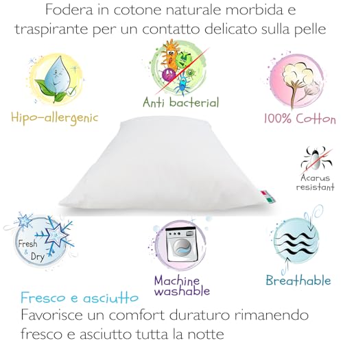 4BABIES - Baby Cot Cushion 40 x 60 cm, Breathable Hypoallergenic Children's Pillow with 100% Italian Cotton Cover, Hypoallergenic Anti-Dust Mite for Crib