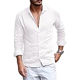Runcati Mens Button Down Shirt Linen Cotton Shirts Casual Long Sleeve Spread Collar Beach Plain Tops