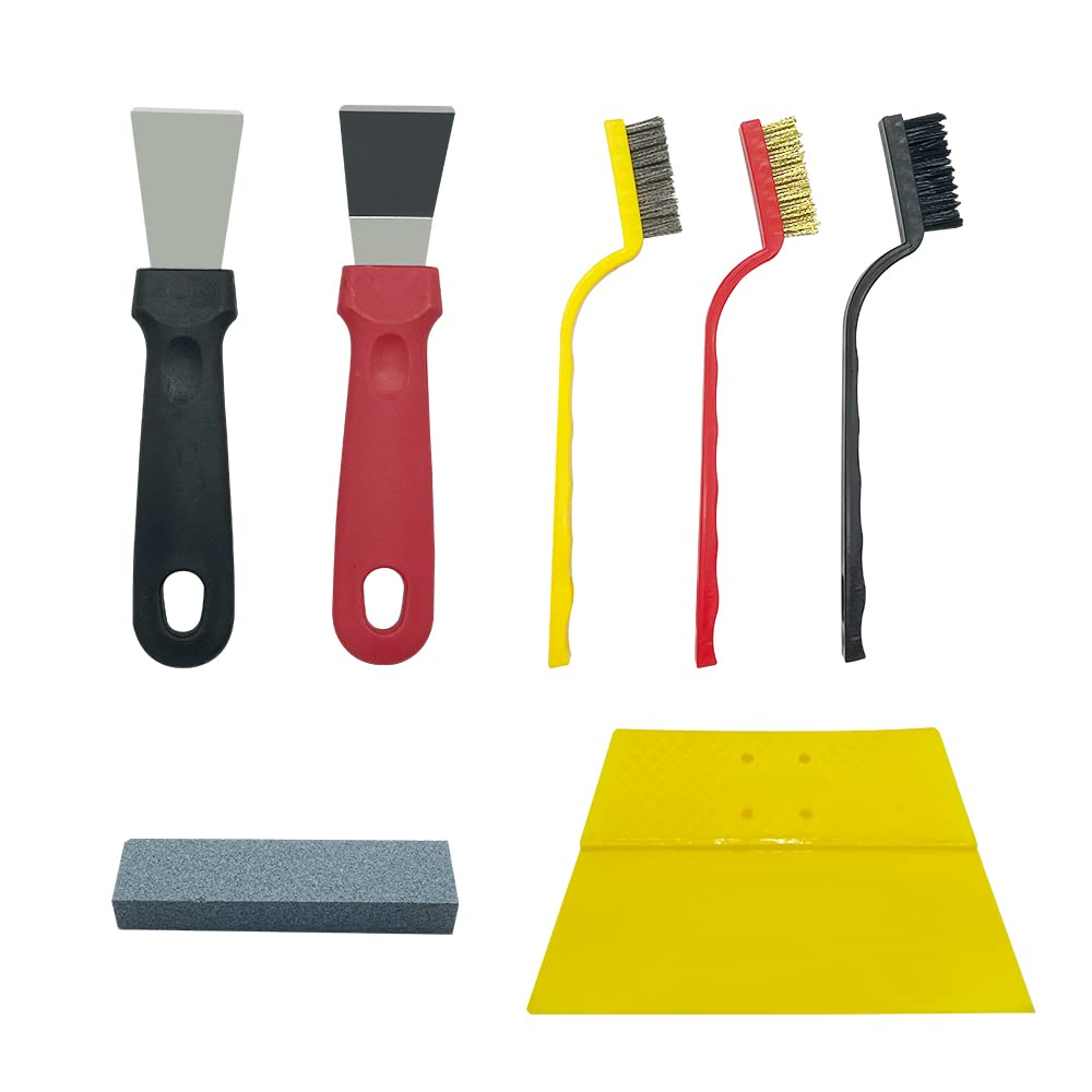 XINGSUI 7-piece set Cleaning Scraper,Cooktop Scraper Scrubber Brush,Scraper non Scratch,Plastic Defrosting Shovel,Sharpening stone,Cleaning Tools for Pot Pan Household