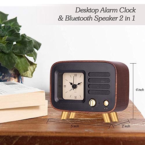Retro Alarm Clocks & Bluetooth Speaker, Roman Numbers Silent Wooden Analog Desktop Clock w/ Rechargeable Stereo HD Sound Wireless mp3 Player for Bedroom Nightstand, Kitchen, Living Dining Office Table