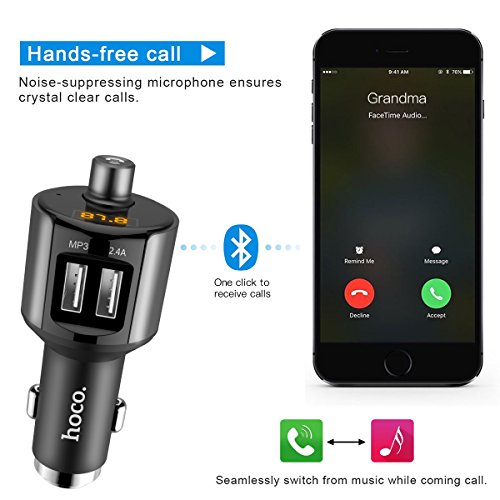 Bluetooth FM Transmitter Car Charger Kit Audio Adapter Radio Receiver Wireless Music Modulator with Hands-free Call Flash Drive/TF Card Reader/MP3 Player Supported Dual USB Ports 5V 2.4A & 5V 1A - Thumbnail 4