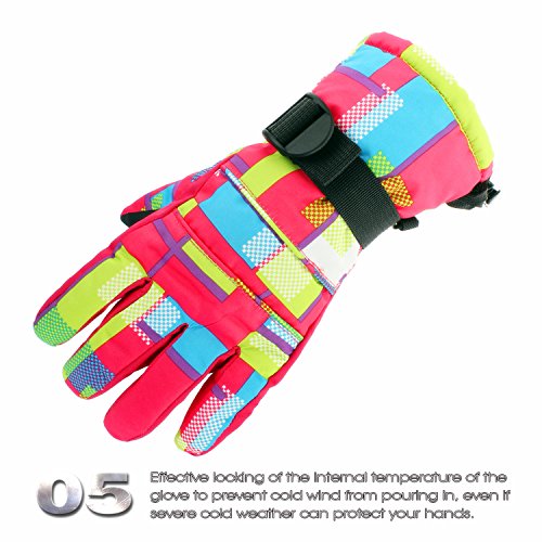 SF.Z Ski Gloves, Snowboard Cycling Snowmobile Biking Athletic Gloves, Waterproof Windproof Snow Proof Warm Breathable Fashion Comfortable Flexible Gloves for Women(Rose Red Grid/Medium) - Thumbnail 6