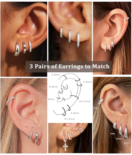 DORANA Jewelry for Her Gift 3 Pairs 925 Sterling Silver Earrings for Women Non Tarnish 14K Gold Plated Small Hypoallergenic Huggie Hoops Cartilage Stack Earring Sets for Multiple Piercing