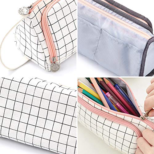 COOLOOK Big Capacity Colored Canvas Storage Pouch Marker Pen Pencil Case Stationery Bag Holder for Middle High School Office College Student Girl Women Adult Teen Christmas Gift White Plaid
