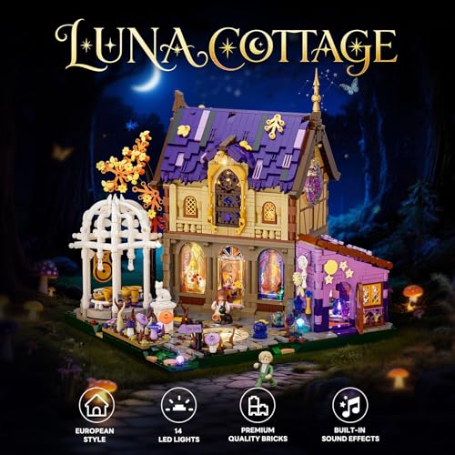 LUMIBRICKS Luna Cottage Lighting Building Set, 2846 PCS Retro House Model with Soothing Music and LED Lights, Witchy Cottage Collectible Display for Adults