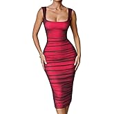 LAGSHIAN Women's Casual Sexy Bodycon Tank Dress Sleeveless Ruched Mesh Midi Club Dresses