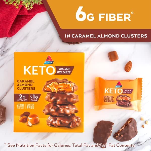 ATKINS CARAMEL ALMOND CLUSTERS, GLUTEN FREE, HIGH IN FIBER, 1G SUGAR, 2G NET CARB, KETO FRIENDLY, 20 COUNT