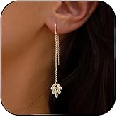 Dangle Earrings for Women,14k Gold Plated CZ Threader Drop Earring Dainty Long Chain Earring Wedding Gold Dangling Statement Earrings for Women Trendy Prom Jewelry Bride Gifts