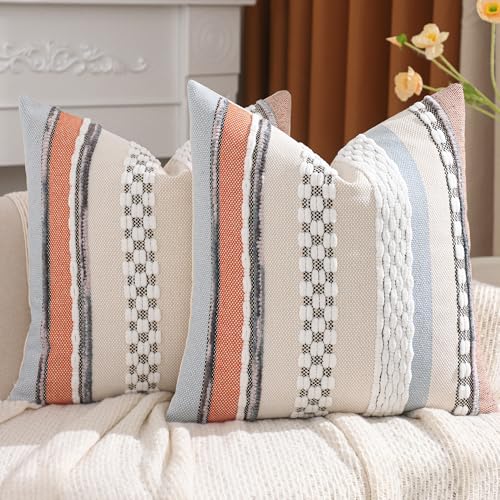 Tosleo Boho Pillow Covers 18x18 Inch Set of 2 Blue and Orange Striped Chenille Throw Pillow Covers Square Decorative Pillowcases for Sofa Couch Bed Living Room Farmhouse Decor — image 1
