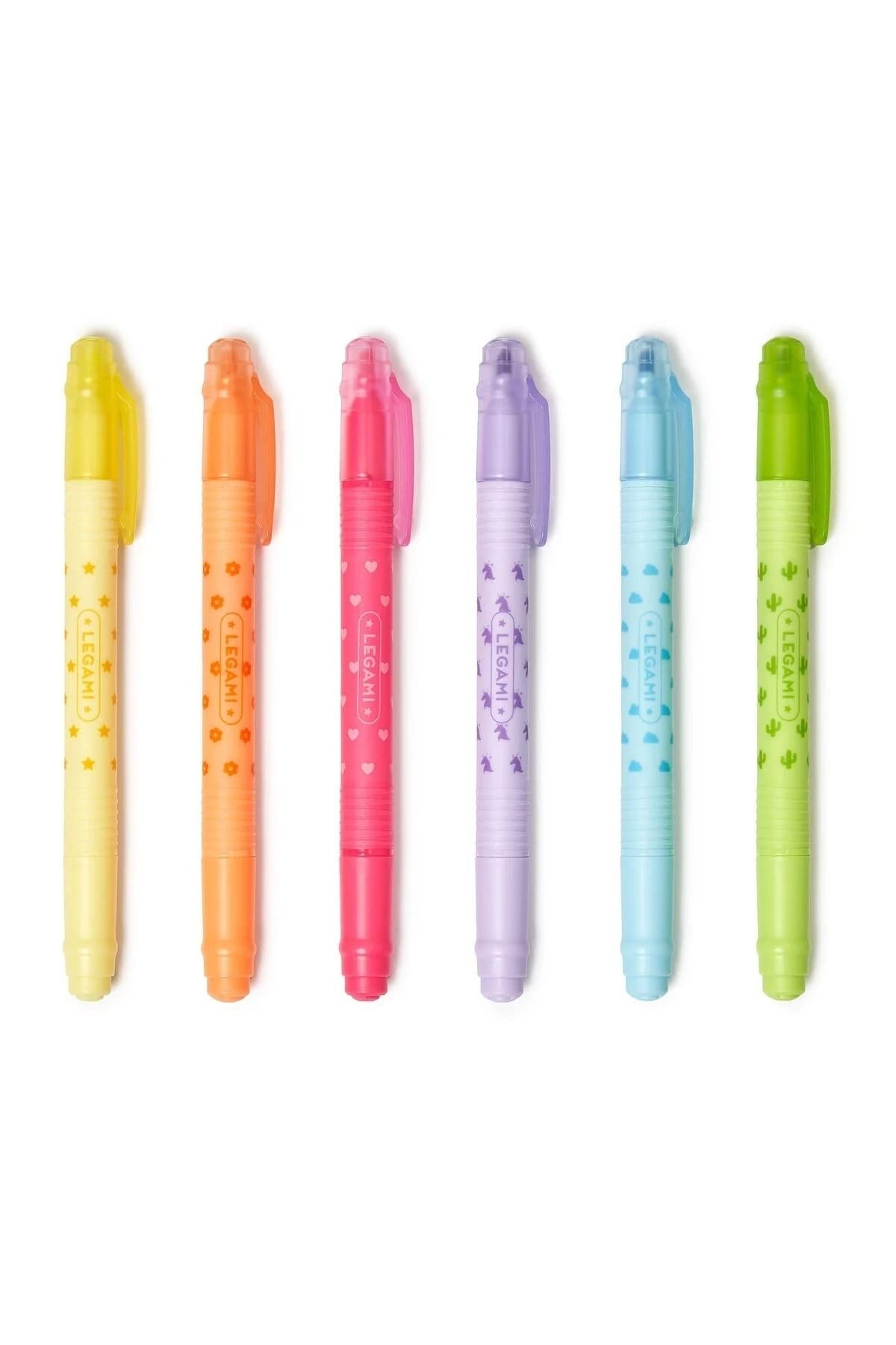 Legami Magic Highlighters Set of 6 Erasable Highlighters Double Tip Highlighter Eraser for Fine and Thick Lines Yellow Orange Red Purple Blue Green