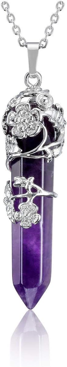 Jovivi Amethyst Crystal Point Pendant Necklace for Women Silver Flower Wrapped Purple Hexagonal Stone Chakra Necklace Gemstone Jewellery Gifts