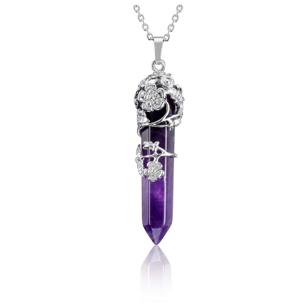 Jovivi Amethyst Crystal Point Pendant Necklace for Women, Silver Flower Wrapped Purple Hexagonal Stone Chakra Necklace Gemstone Jewellery Gifts
