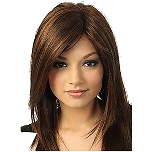 Straight Dark Brown Wigs Medium Length Loose Wigs with Bangs High Resistant Synthetic Wigs 16 Inch