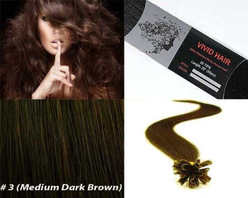 Vivid Hair 25 Strands Straight Pre Bonded U Nail Tip Fusion Remy Human Hair Extensions 22" Inches # 3 (Medium Dark Brown) Color
