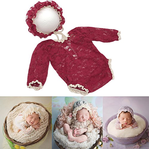 Baby Photography Props Lace Hats Rompers Newborn Girl Photo Shoot Outfits Hat Set Infant Princess Costume (Red)