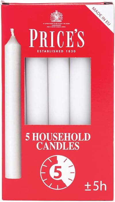 Price's Unscented Household Candles 5 Pack 5 Hour Burn Premium White Wax