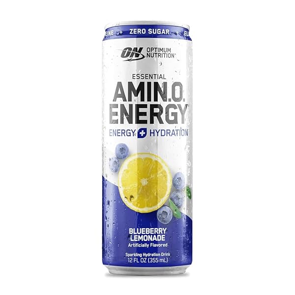 OPTIMUM NUTRITION AMINO ENERGY SPARKLING HYDRATION DRINK, ELECTROLYTES, CAFFEINE, AMINO ACIDS, BCAAS, SUGAR FREE, BLUEBERRY LEMONADE, 12 FL OZ, 1 COUNT (PACKAGING MAY VARY)