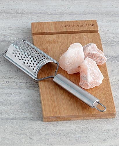 Himalayan Salt Grater Gift Set - Includes Stainless Steel Grater, Bamboo Board and (2) Himalayan Rock Salt Chunks (8oz)