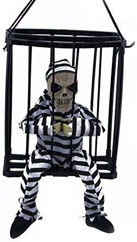 BA Motion Sensor Hanging Caged Animated Jail Prisoner Skeleton Halloween Terror Decoration Flashing Light up Prop Toy (1)