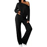 Lacozy Lounge Sets for Women Baggy off the Shoulder Long Sleeve Pajamas | Baggy, Shirt and Wide Leg Pants Set, Comfy, Cozy, Soft Pj Set, Sexy Loungewear, Sleep, 2 Piece Fall Outfit, Casual Daily Wear