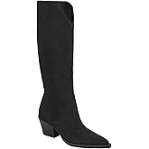 Coutgo Womens Wide Calf Cowboy Boots Suede Knee High Chunky Heel Pointed Toe Western Cowgirl Boots