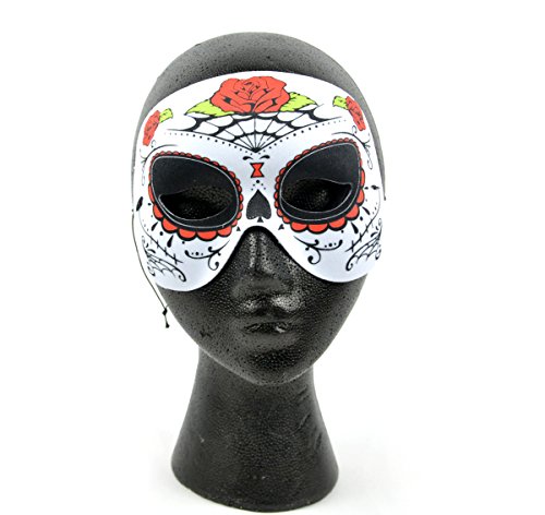 6" White and Red Day of The Dead Spider Web and Rose Half Mask