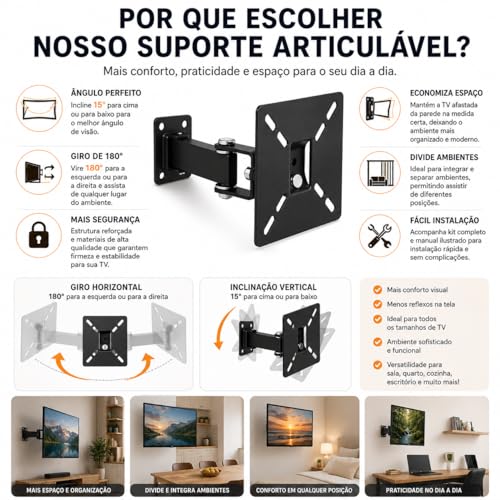 Suporte de TV Articulado de Parede 10 a 55 Polegadas Universal Inclinável Giratório 4 Movimentos para LED LCD OLED Smart TV 4K Plasma Suporta até 40kg com Kit de Instalação