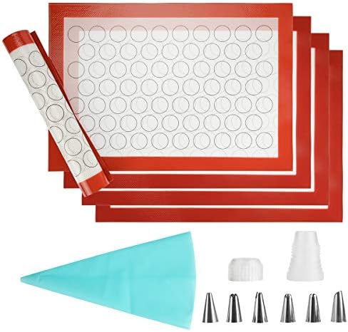 Silicone Baking Mat Sheet Set - Set of 5 Sheet Cooking Mat Non-Stick Trays & Rolling Macaron Cake Bread Making Professional Grade Silicone Liners for Microwave Toaster Oven Tray Pan Thick Large Size