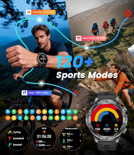 FitVigor Military Smart Watch for Men, 1.53" Fitness Tracker with 1000 mAh Ultra-Long Battery/Flashlight/Bluetooth Calling/Health Monitor / 120+ Sports Modes / IP68 Waterproof for iOS Android, Black