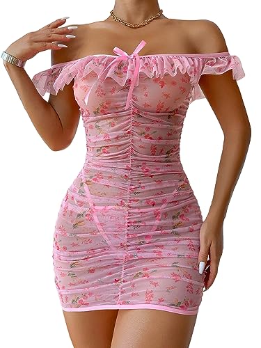 SOLY HUX Women's Floral Print Ruched Mesh Babydoll Lingerie Sleepwear Chemise with Thong