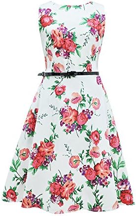 VogueBella Womens 1950s Boat Neck Sleeveless Vintage Tea Dress with Belt (3XL, Pink Flora)