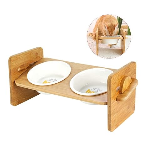 Volwco Adjustable Raised Cat Bowls Adjustable Bamboo Elevated