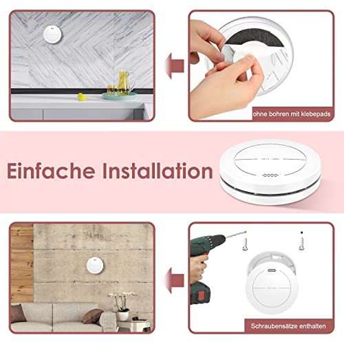 Smoke Detectors Set of 6, without Flashing LED, with 10 Year Battery, with Adhesive Pads, Mute Function, 85 dB Alarm Sound, Standalone Flat Fire Alarm for Home Fire Protection