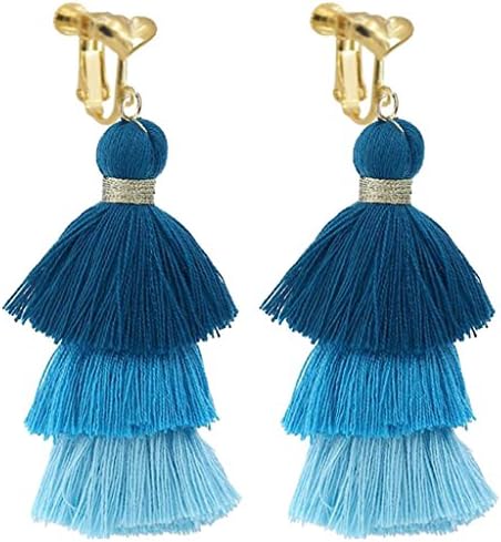 Bohemian Blue Three Layers Long Tassel Clip on Earrings Dangle Gold Plated For Girls Women Party Prom
