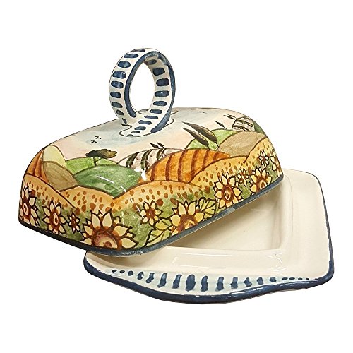 CERAMICHE D'ARTE PARRINI- Italian Ceramic Butter Dish Hand Painted Decorated Sunflowers Landscape Made in ITALY Tuscan Art Pottery