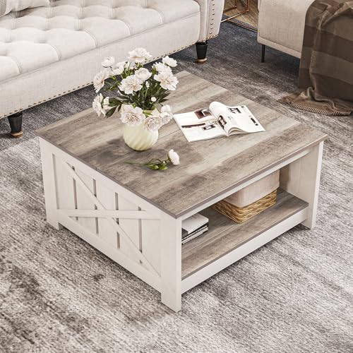 YITAHOME Farmhouse Coffee Table with Storage, Square Coffee Table for ...