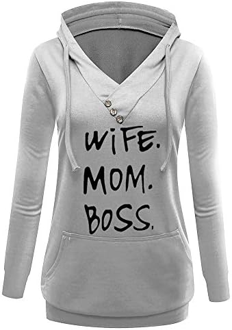 Wife Mom Boss Print Long Sleeve Pullover Hoodies Sweatshirt For Women Grey XL