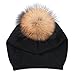 Women Knit Wool Beanie - Winter Fashion Solid Wool Hats Real Removable Raccoon Fur Pom Pom Warm Ski Beanie (Black),One Size