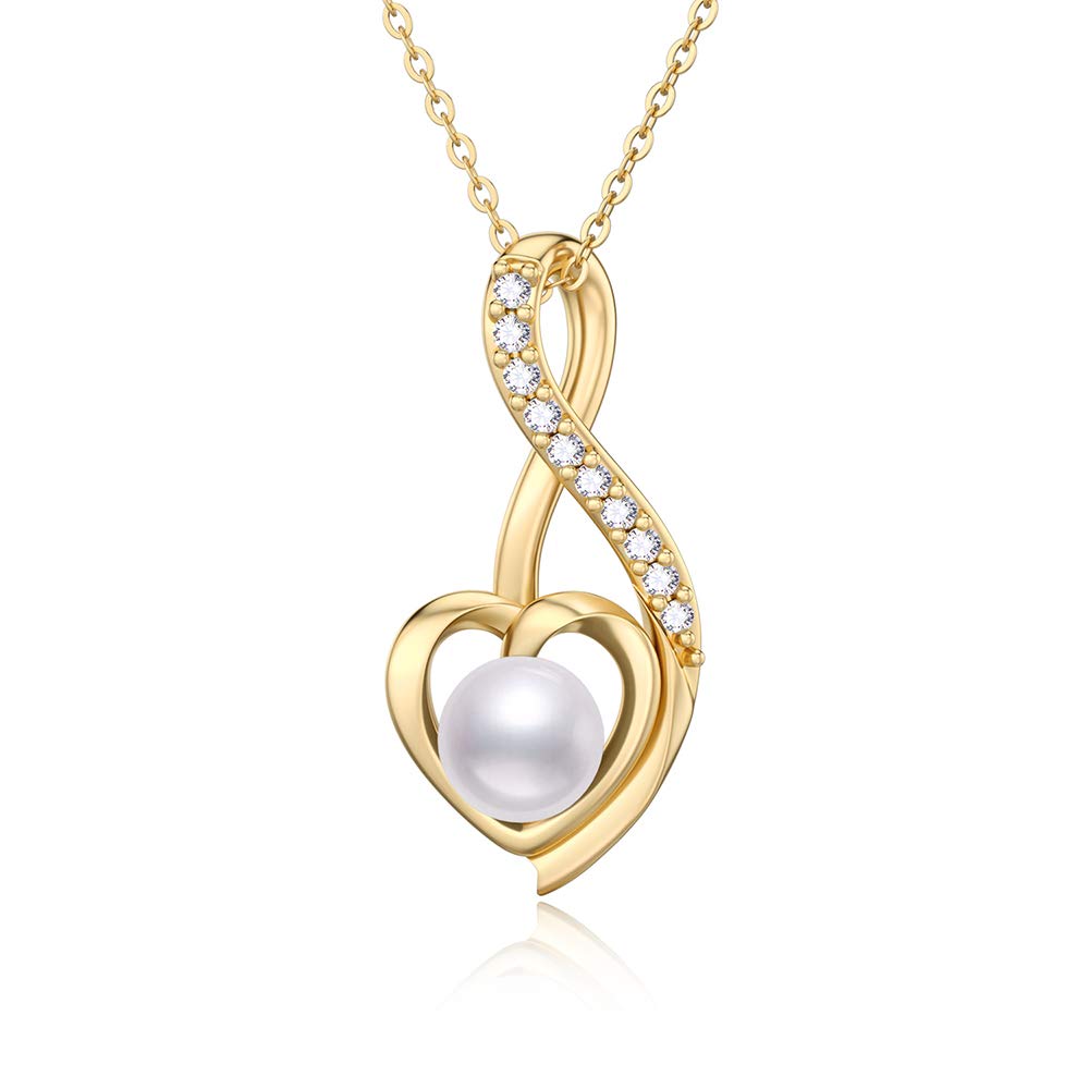 SISGEM 9 ct Gold Pearl Necklace, Solid Yellow Gold Infinity Heart Pendant Necklace, for Women Girls Ladies Mum Sisters, 16"+1"+1"