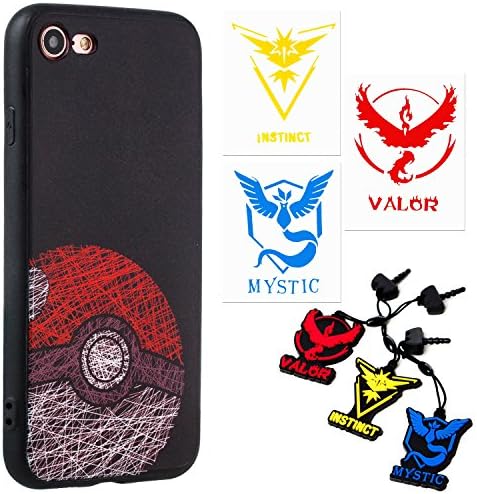 iPhone 7 Plus Case - Pokemon Go Theme [Pokeball Design] (1) + Audio Plug Charm Valor, Mystic &amp; Instinct (3) + 2" Decal for Each Team (3)