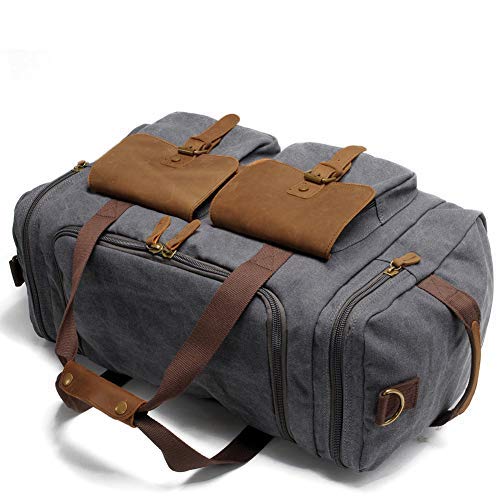 Kemy's Canvas Duffle Bag for Mens Oversized Overnight Bag Weekend Duffel Weekender Travel Bags Leather Doufle Gym Carryon Airplanes Carry On Luggage Large Easter Gifts Grey