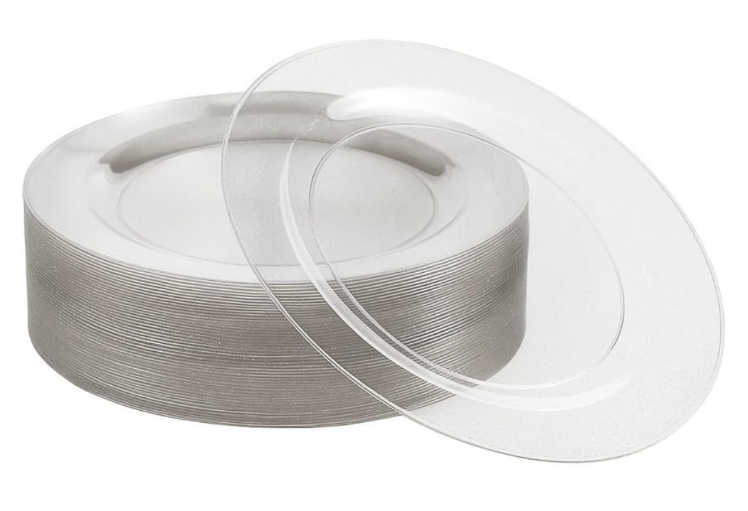 MATANA 25 Premium Clear Hard Plastic Dinner Plates with Silver Glitter, 26cm / 10 Inch - Elegant & Reusable Party Plates for Weddings, Birthdays, Picnic, BBQ, Parties