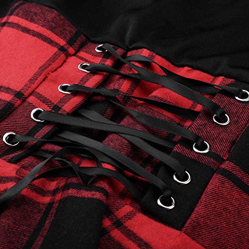 Birdfly Basic Black Top Patchwork Plaid Skirt Fashion Dress for Women Girl (2XL, Red) - Thumbnail 2