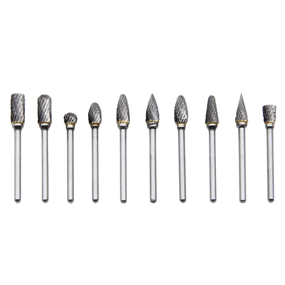 Dophee 10PCS Tungsten Carbide Steel Rotary Burr Set Compatible with Dremel Rotary Tool Accessories, 1/8 inches Shank Grinder Bits for DIY Woodworking Engraving Metal Carving Drilling Polishing